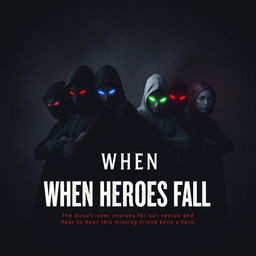 A dark and gloomy book cover titled 'When Heroes Fall', featuring four mysterious figures in hero outfits with their faces entirely covered