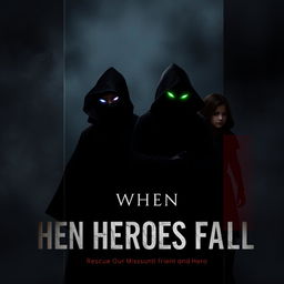 A dark and gloomy book cover titled 'When Heroes Fall', featuring four mysterious figures in hero outfits with their faces entirely covered