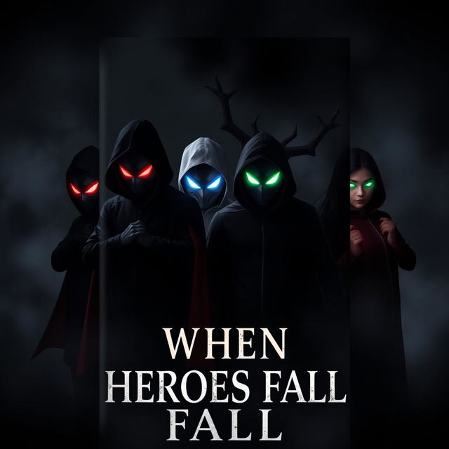 A dark and gloomy book cover titled 'When Heroes Fall', featuring four mysterious figures in hero outfits with their faces entirely covered