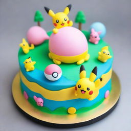 A charmingly cute Pokemon-themed cake, adorned with edible figures of Pikachu, Eevee, and Jigglypuff playfully interacting on a frosting landscape, finished off with a detailed Poké Ball