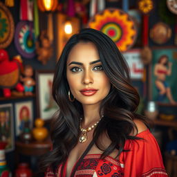 A 35-year-old Latina woman with striking features representing her rich cultural heritage
