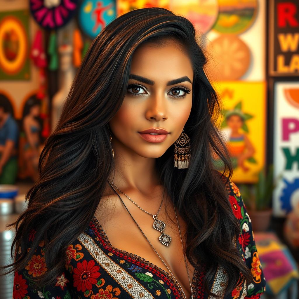 A 35-year-old Latina woman with striking features representing her rich cultural heritage