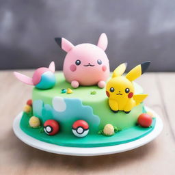 A charmingly cute Pokemon-themed cake, adorned with edible figures of Pikachu, Eevee, and Jigglypuff playfully interacting on a frosting landscape, finished off with a detailed Poké Ball