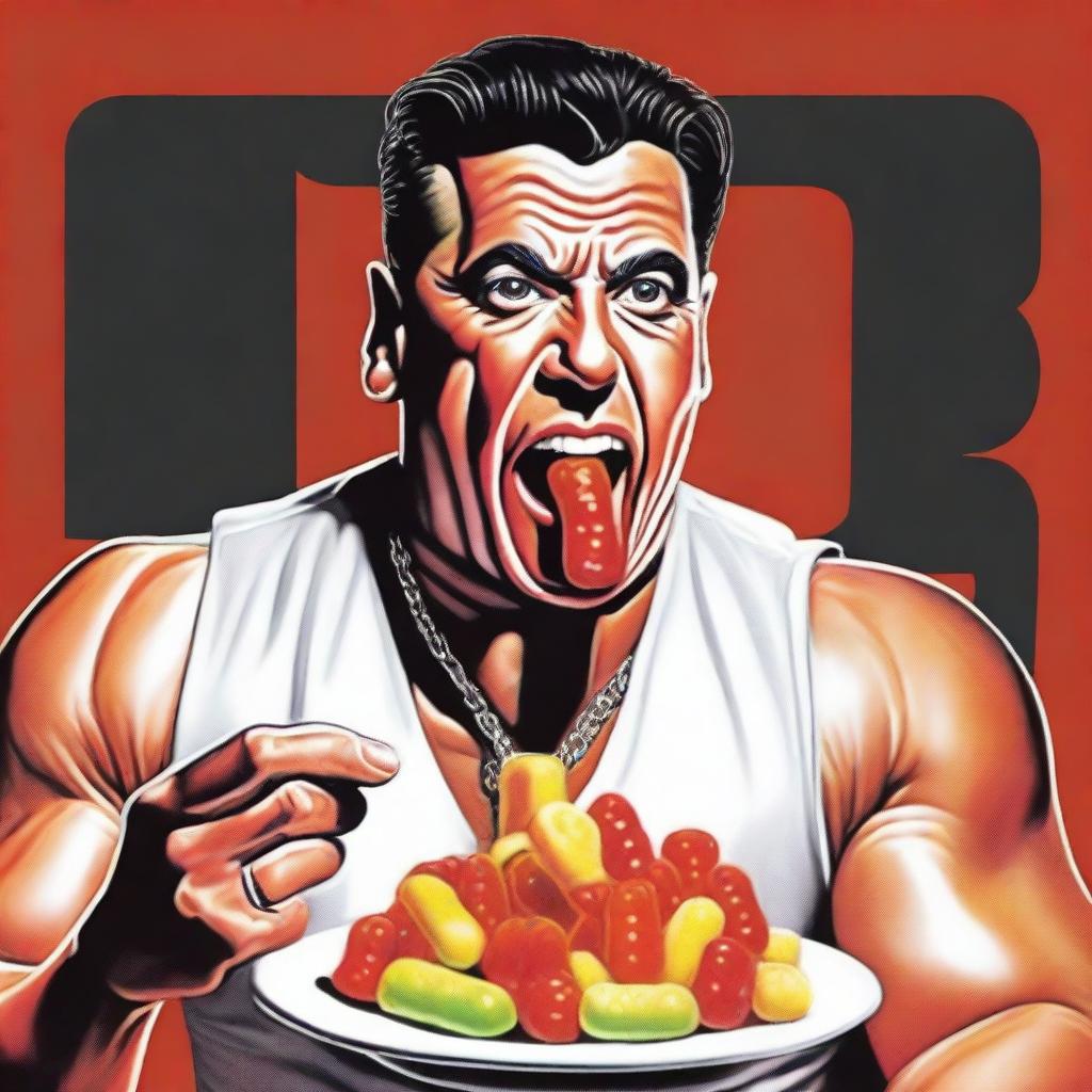 A detailed, colored illustration of Till Lindemann, the lead singer of Rammstein, joyfully eating Haribo candies.