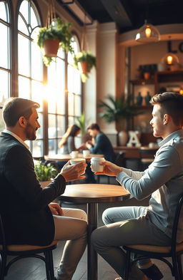 A romantic scene in a cozy cafe setting, featuring a man and a woman sitting across from each other at a small round table, both holding coffee cups