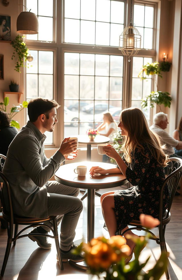 A romantic scene in a cozy cafe setting, featuring a man and a woman sitting across from each other at a small round table, both holding coffee cups