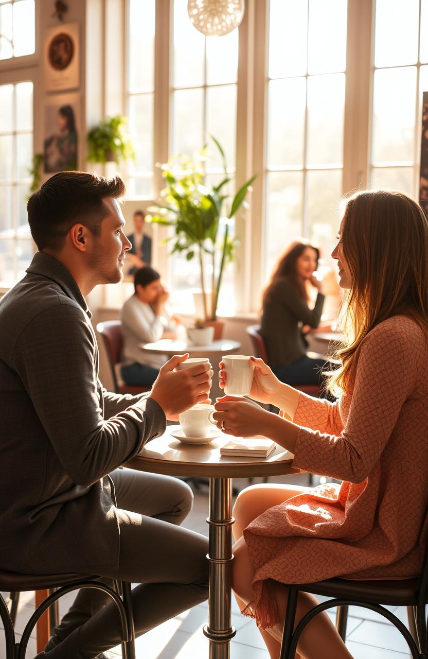 A romantic scene in a cozy cafe setting, featuring a man and a woman sitting across from each other at a small round table, both holding coffee cups