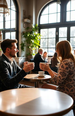A romantic scene in a cozy cafe setting, featuring a man and a woman sitting across from each other at a small round table, both holding coffee cups