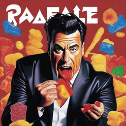 A detailed, colored illustration of Till Lindemann, the lead singer of Rammstein, joyfully eating Haribo candies.