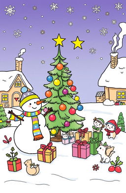 A whimsical Christmas-themed coloring book page filled with joyful and festive elements