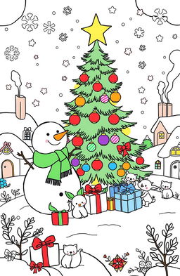 A whimsical Christmas-themed coloring book page filled with joyful and festive elements