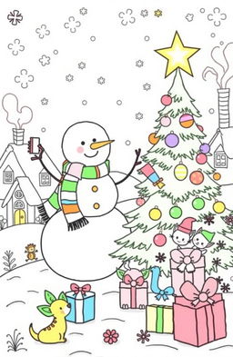 A whimsical Christmas-themed coloring book page filled with joyful and festive elements
