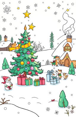 A whimsical Christmas-themed coloring book page filled with joyful and festive elements