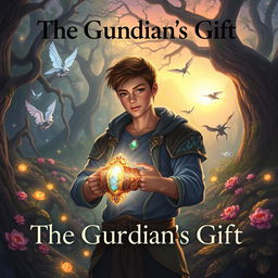 A fantasy scene titled 'The Guardian's Gift', featuring a mystical environment with vibrant colors