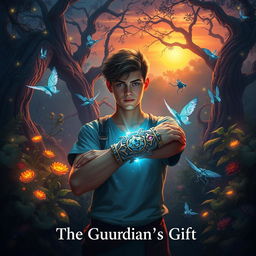 A fantasy scene titled 'The Guardian's Gift', featuring a mystical environment with vibrant colors