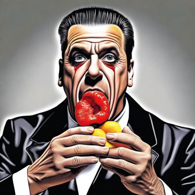 A detailed, colored illustration of Till Lindemann, the lead singer of Rammstein, joyfully eating Haribo candies.