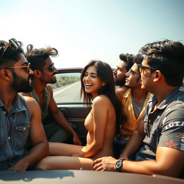 A vibrant and exhilarating scene featuring a hot, cute 18-year-old Indian girl with long legs in a convertible car during a sunny road trip in Goa