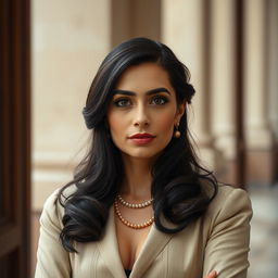 A 4K realistic portrait photo taken on an iPhone 14 Pro, featuring an elegant 35-year-old Sephardic woman with dark hair, dressed in classic attire