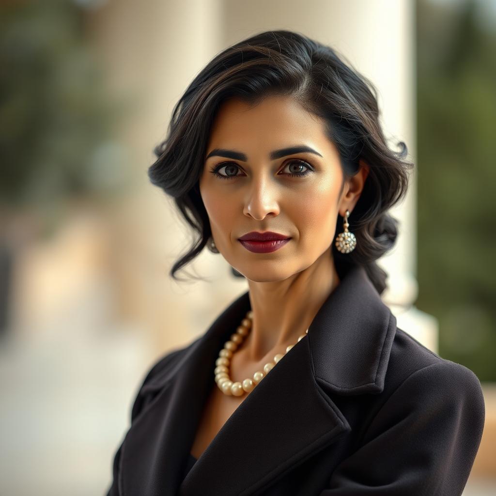 A 4K realistic portrait photo taken on an iPhone 14 Pro, featuring an elegant 35-year-old Sephardic woman with dark hair, dressed in classic attire