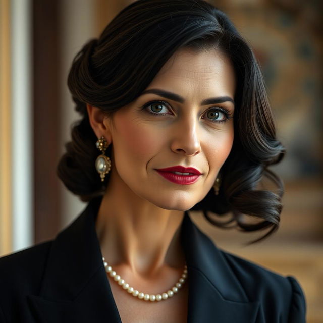 A 4K realistic portrait photo taken on an iPhone 14 Pro, featuring an elegant 35-year-old Sephardic woman with dark hair, dressed in classic attire