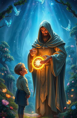 A mystical scene depicting a fantastical landscape where a guardian figure, cloaked in shimmering robes, presents a radiant bracelet to a young man