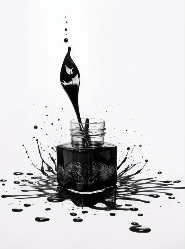 Monochromatic digital art featuring an antique inkwell and fountain pen against a white canvas background.