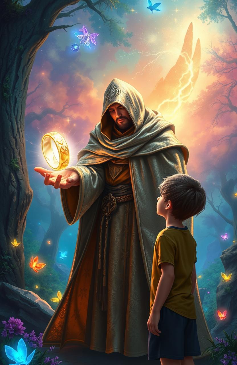 A mystical scene depicting a fantastical landscape where a guardian figure, cloaked in shimmering robes, presents a radiant bracelet to a young man