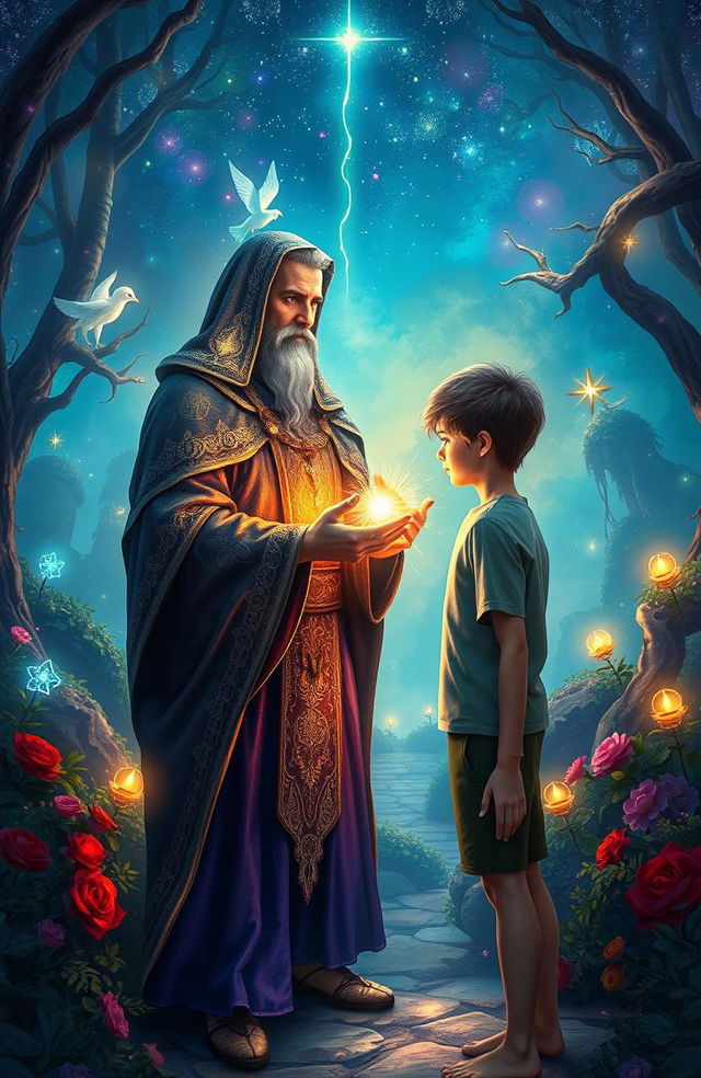 A mystical scene depicting a fantastical landscape where a guardian figure, cloaked in shimmering robes, presents a radiant bracelet to a young man