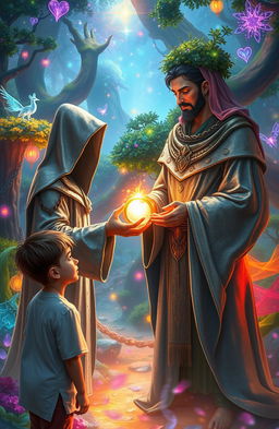 A mystical scene depicting a fantastical landscape where a guardian figure, cloaked in shimmering robes, presents a radiant bracelet to a young man