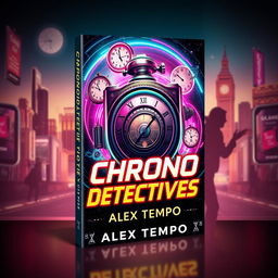 A book cover design for 'Chrono Detectives' by Alex Tempo featuring a retro-futuristic theme, incorporating elements of time travel