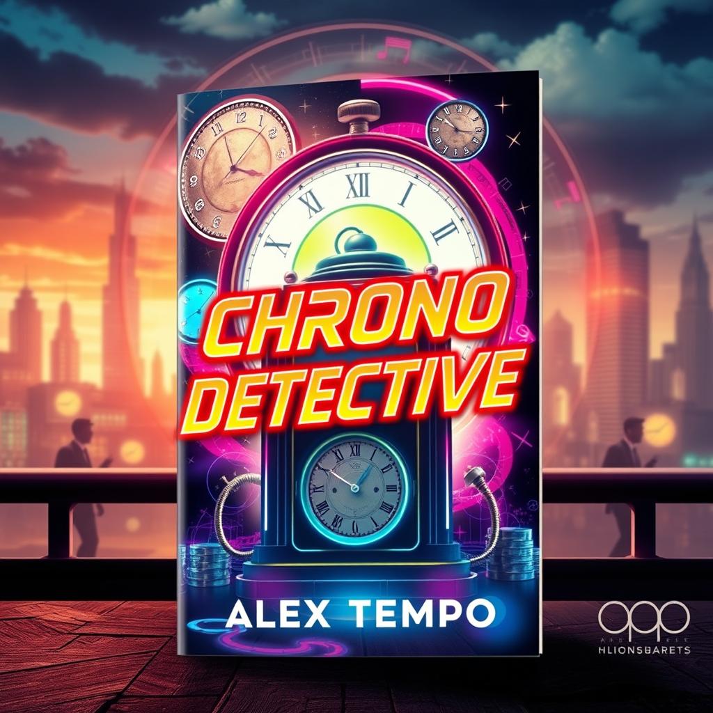 A book cover design for 'Chrono Detectives' by Alex Tempo featuring a retro-futuristic theme, incorporating elements of time travel