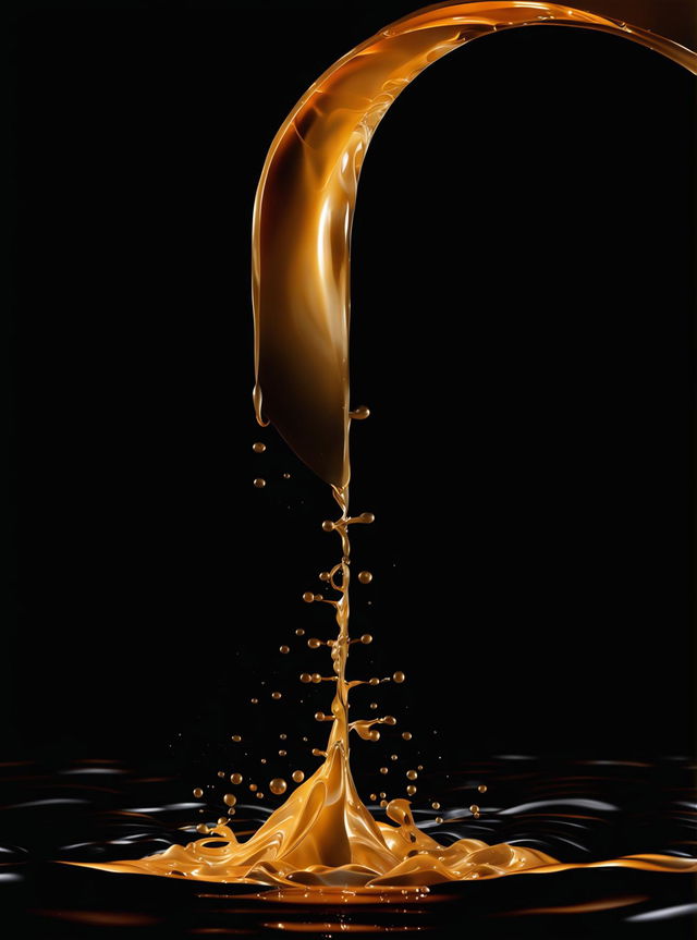 A digital art piece featuring a cascade of vibrant liquid gold against a stark black background.