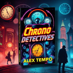 A book cover design for 'Chrono Detectives' by Alex Tempo featuring a retro-futuristic theme, incorporating elements of time travel