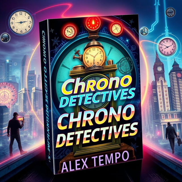 A book cover design for 'Chrono Detectives' by Alex Tempo featuring a retro-futuristic theme, incorporating elements of time travel