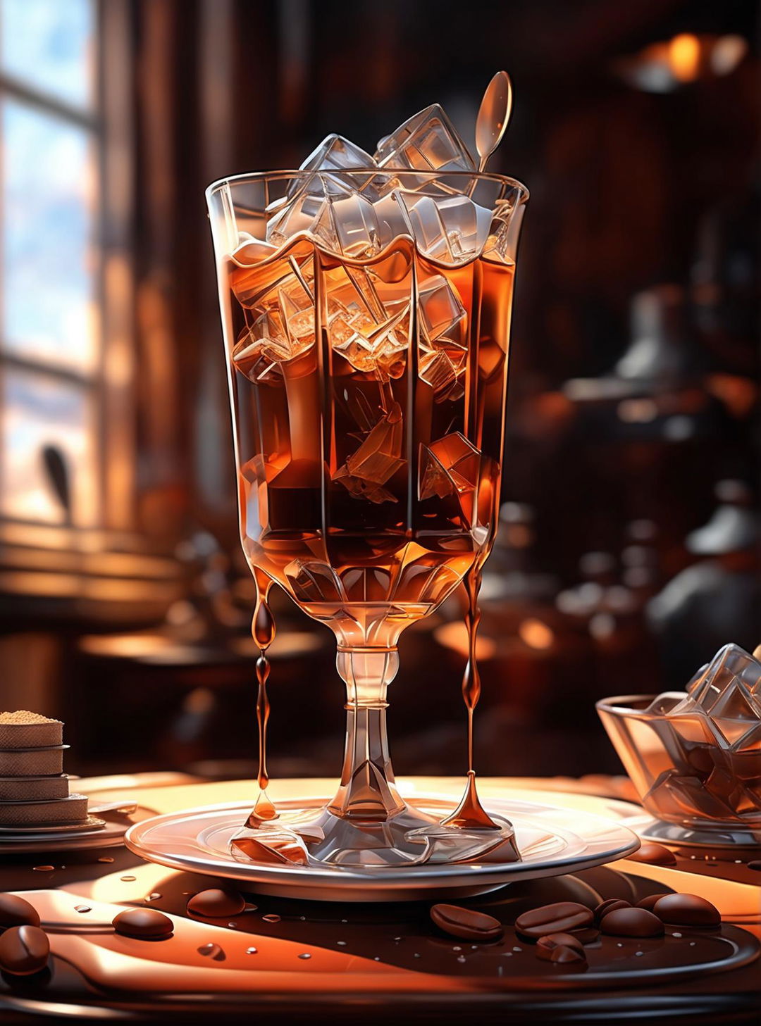 A digital art of a tall glass of iced coffee with floating ice cubes on a white saucer with a silver spoon and scattered coffee beans against a blurred café background