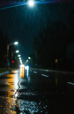 A serene night scene capturing the beauty of rain