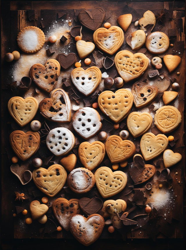 Assortment of various cookies on a rustic wooden table in a warm, cozy setting.