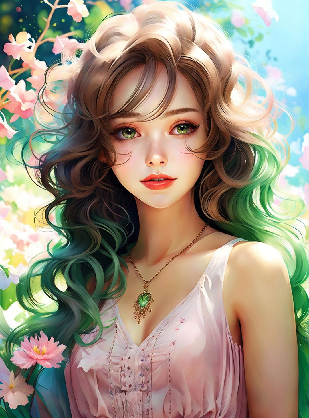 Digital art of a beautiful girl with chestnut hair and green eyes, wearing a white summer dress against a pastel-colored background