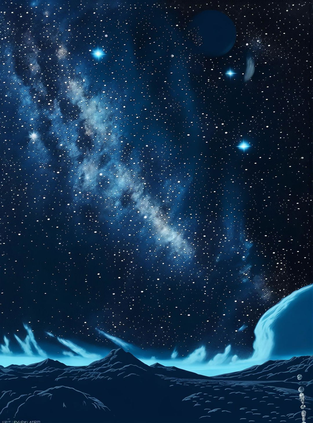 Digital art of a night sky filled with stars, constellations and a full moon.