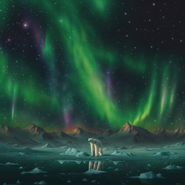 Digital art of a serene frozen world under a starlit sky with majestic ice formations, snow-covered mountains under aurora borealis, and a lone polar bear