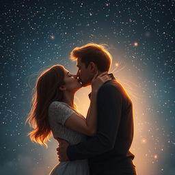 A romantic and intimate scene depicting a couple sharing a passionate kiss under a starlit sky