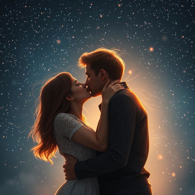 A romantic and intimate scene depicting a couple sharing a passionate kiss under a starlit sky