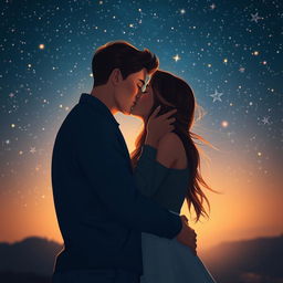 A romantic and intimate scene depicting a couple sharing a passionate kiss under a starlit sky