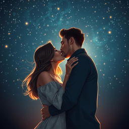 A romantic and intimate scene depicting a couple sharing a passionate kiss under a starlit sky