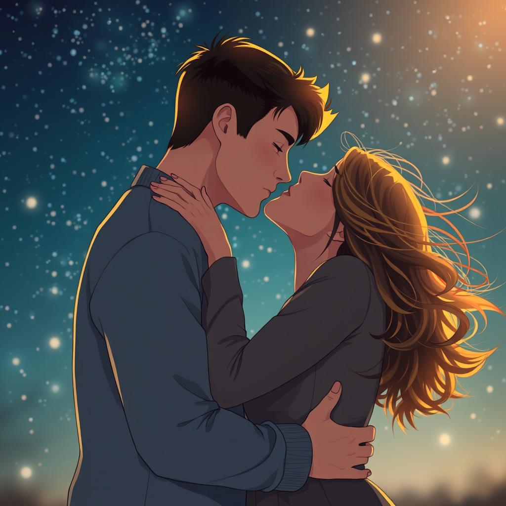 A romantic and intimate scene depicting a couple sharing a passionate kiss under a starlit sky