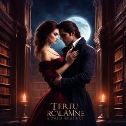 Dark academia styled vampire romance novel cover featuring a male vampire and female human in an old library under moonlight.