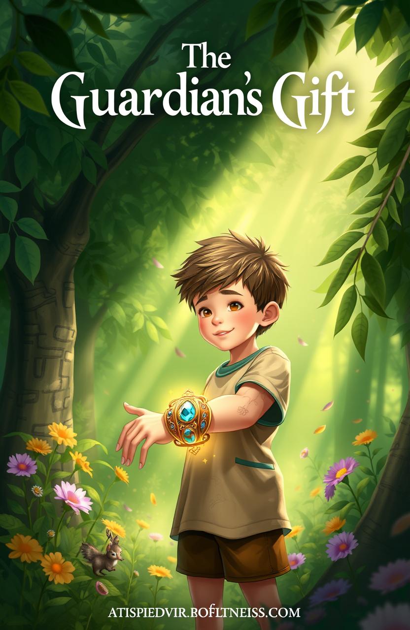 A magical scene titled 'The Guardians Gift', featuring a young boy with an intricately designed bracelet glowing on his wrist