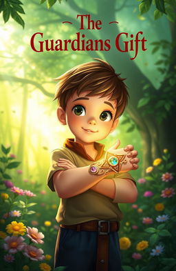 A magical scene titled 'The Guardians Gift', featuring a young boy with an intricately designed bracelet glowing on his wrist