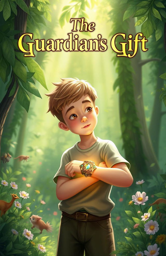 A magical scene titled 'The Guardians Gift', featuring a young boy with an intricately designed bracelet glowing on his wrist