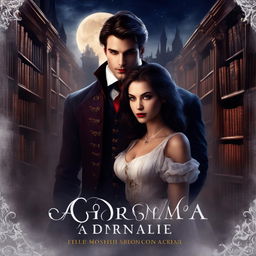 Dark academia styled vampire romance novel cover featuring a male vampire and female human in an old library under moonlight.